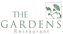 A logo reading “THE GARDENS Restaurant” with a green plant motif inside a square on the right.